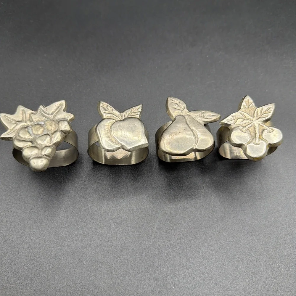 Vtg. Set of Four (4) Pewter Fruit Themed Napkin Rings-Apple-Grapes-Pear-Cherries